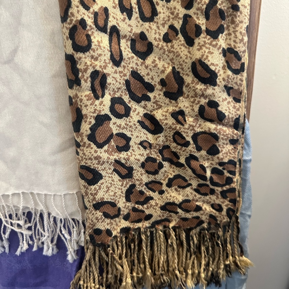 Scarf Shawl With Fringe | Leopard Ivory Purple Light Blue Hot Pink - Picture 9 of 11